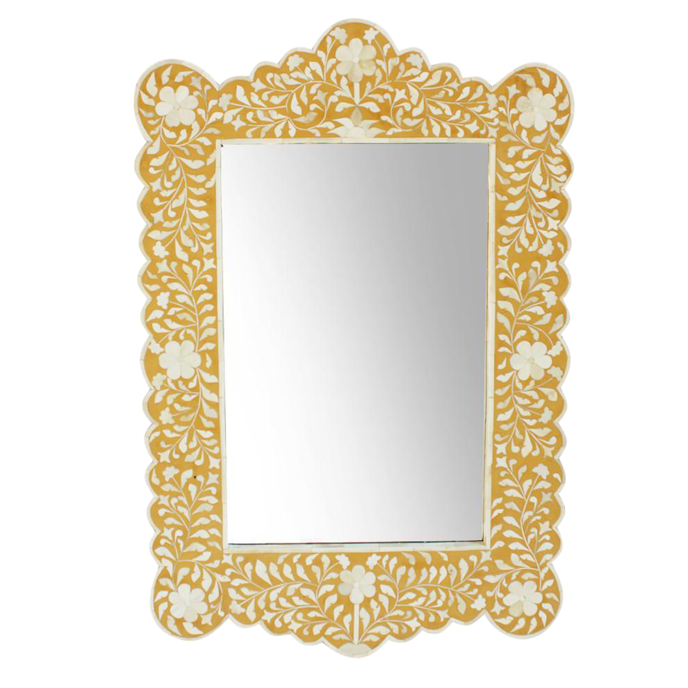 Bone Inlay Floral Scalloped Mirror Yellow