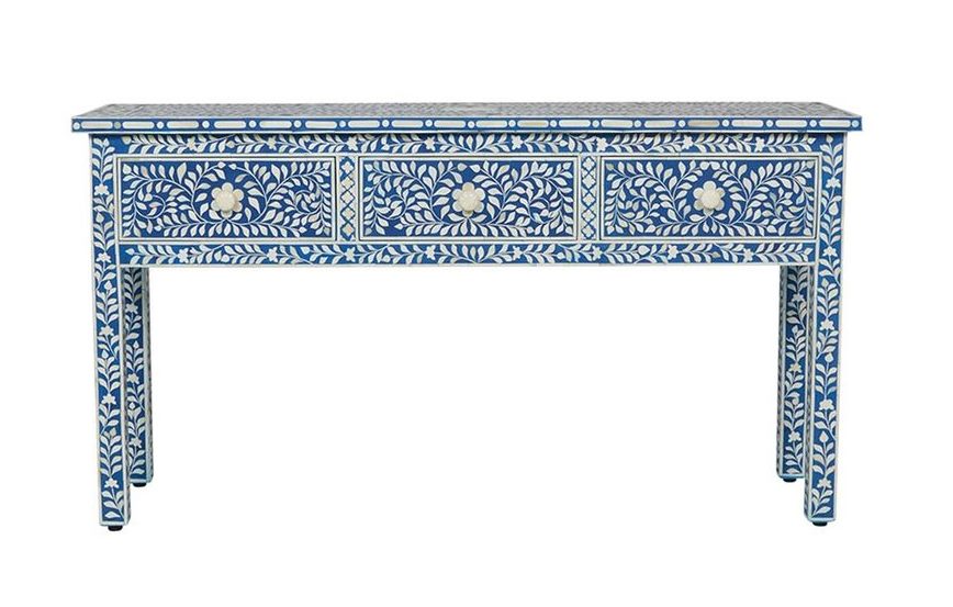Bone Inlay Floral 3 Drawer Floral Console Edge Dark Blue