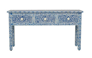 Bone Inlay Floral 3 Drawer Floral Console Edge Dark Blue