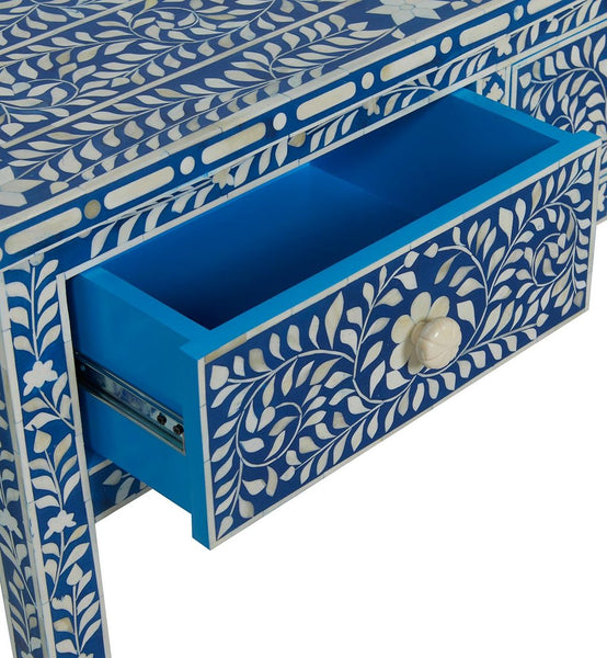 Bone Inlay Floral 3 Drawer Floral Console Edge Dark Blue
