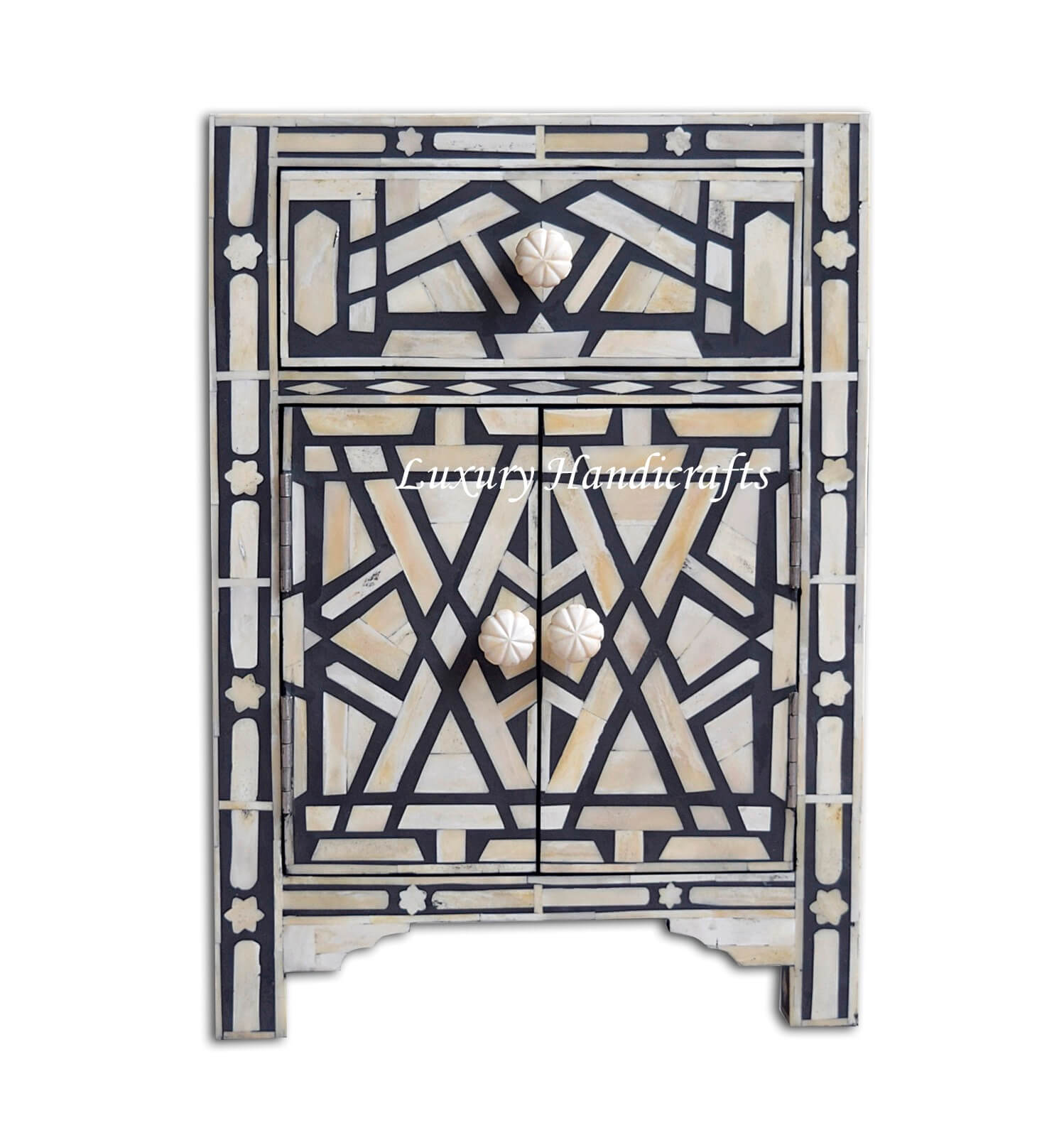 Bone Inlay Geometric Star 1 Drawer 2 Door Bedside Table Black