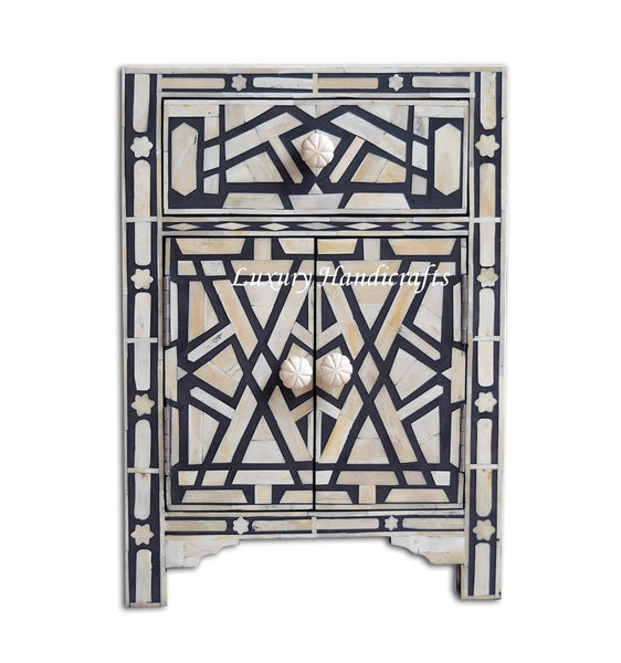 Bone Inlay Geometric Star 1 Drawer 2 Door Bedside Table Black