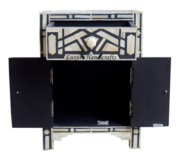 Bone Inlay Geometric Star 1 Drawer 2 Door Bedside Table Black