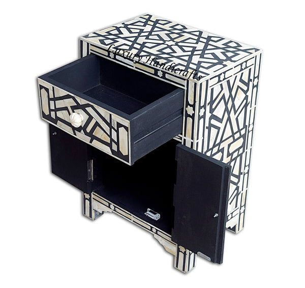 Bone Inlay Geometric Star 1 Drawer 2 Door Bedside Table Black