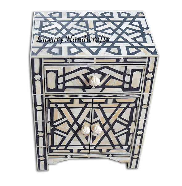 Bone Inlay Geometric Star 1 Drawer 2 Door Bedside Table Black