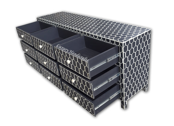Bone Inlay 9 Drawer Chest Honeycomb Black
