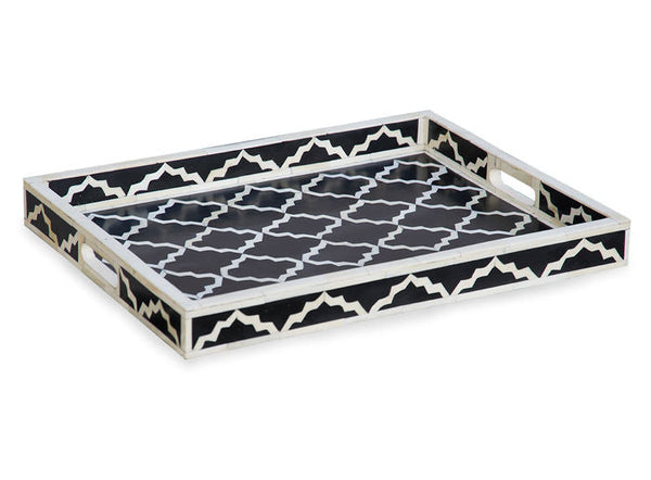 Black Rectangle Moroccan Pattern Bone Inlay Tray