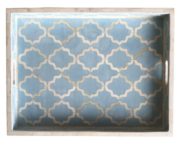 Ice Blue Rectangle Moroccan Pattern Bone Inlay Tray