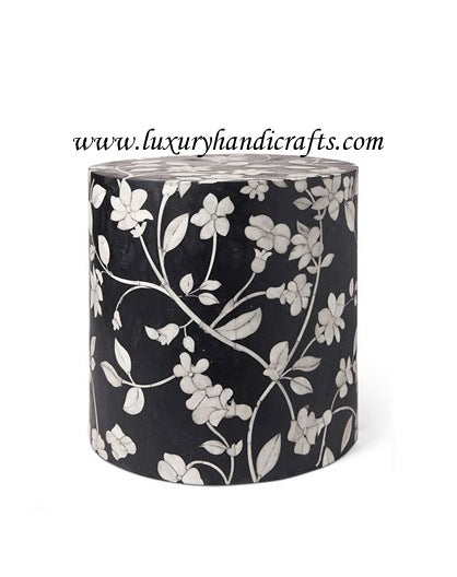 Bone Inlay Round Stool Floral Design Black 1