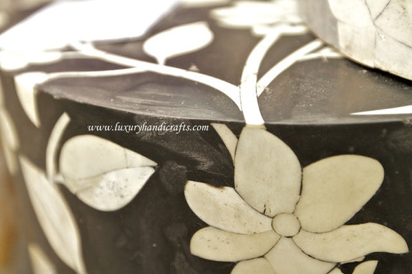 Bone Inlay Round Stool Floral Design Black 2