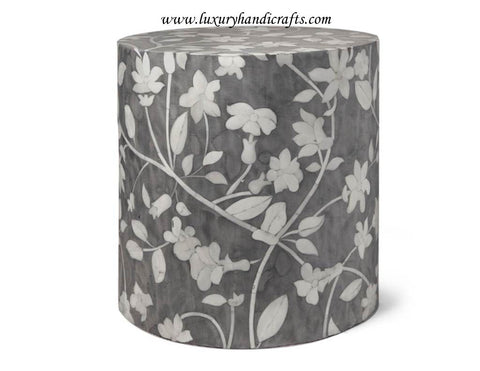 Bone Inlay Round Stool Floral Design Grey