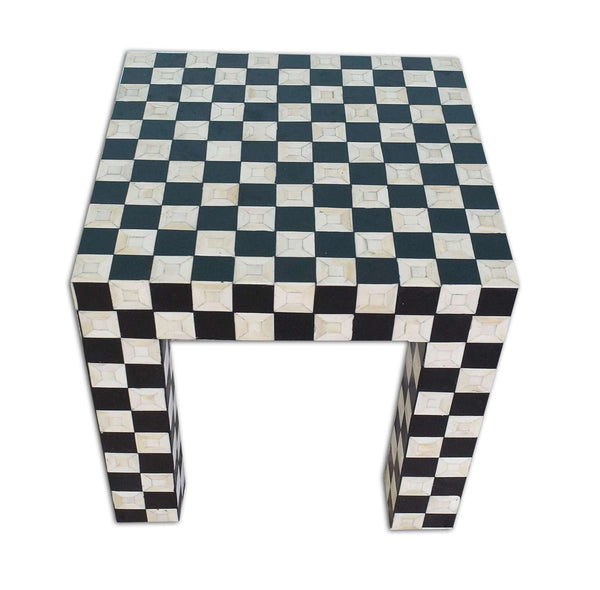 Bone Inlay Side Table Chessboard Design Black