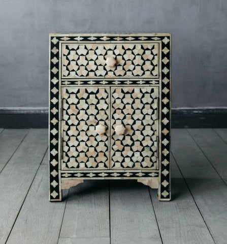 Black Bone Inlay Targua 1 Drawer 2 Door Bedside Table  front