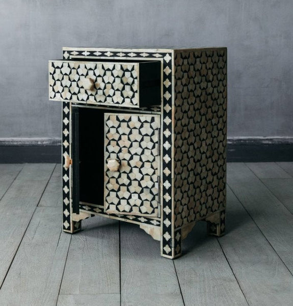 Black Bone Inlay Targua 1 Drawer 2 Door Bedside Table