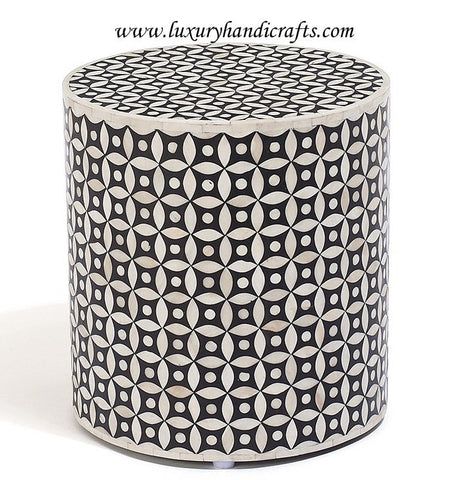 Black Bone Inlay Round Stool Geometric Design
