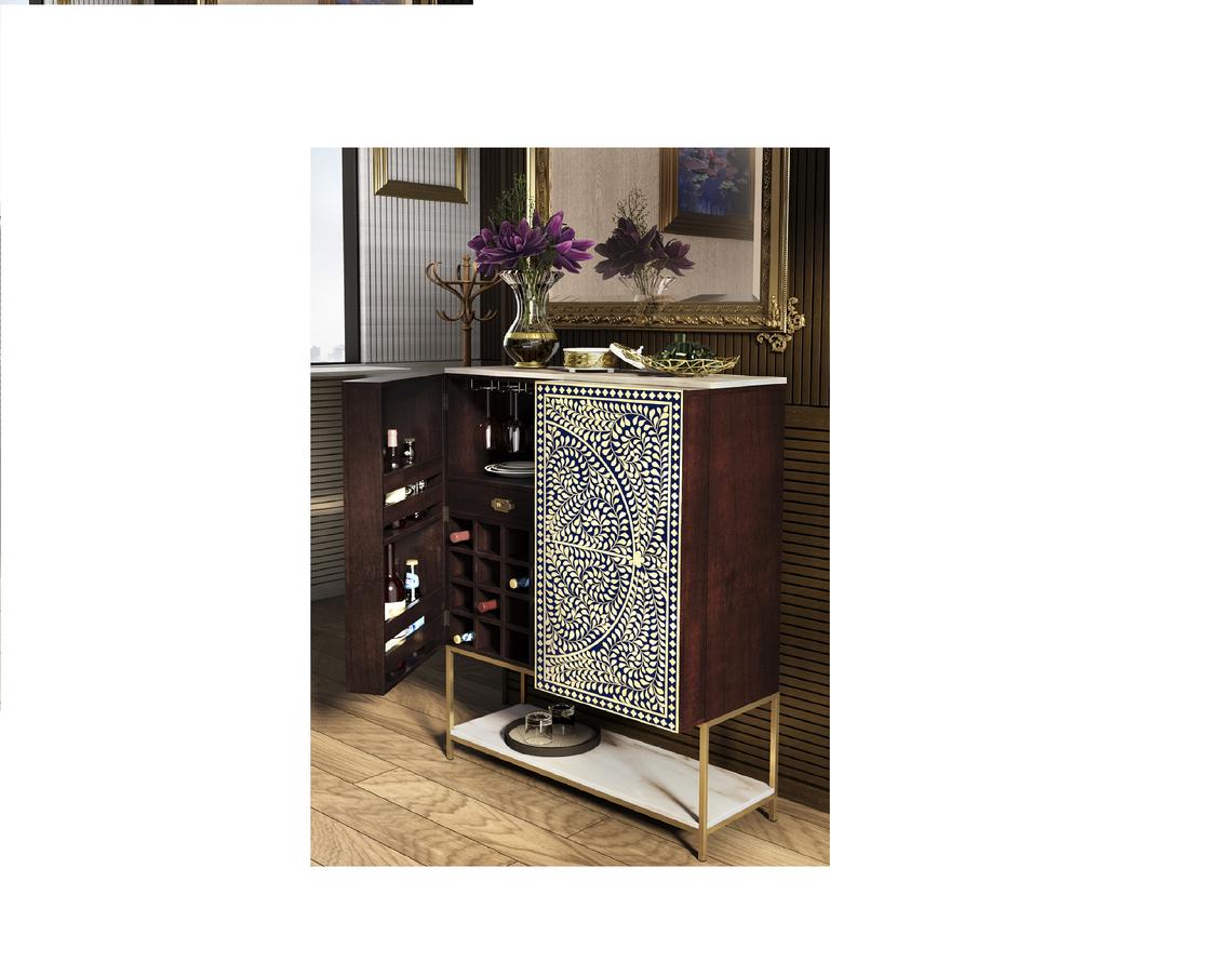 Bone Inlay Foliage Spiral Bar Cabinet Blue