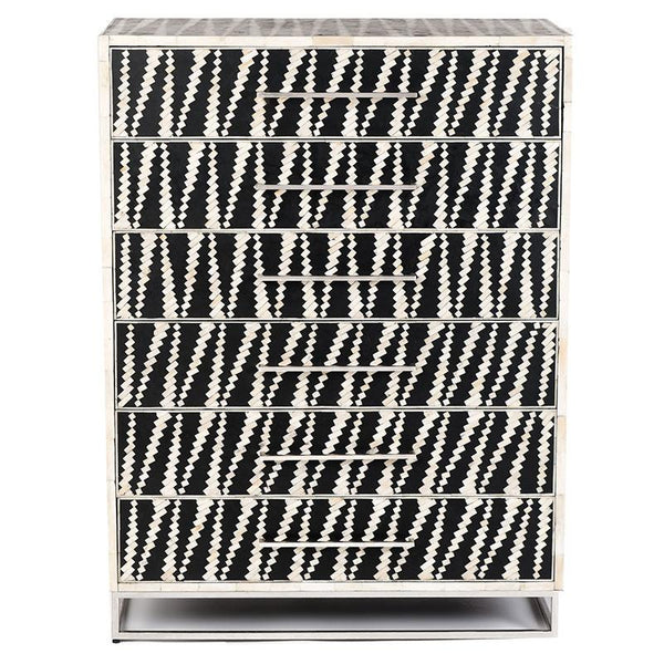Malawi Bone Inlay 6 Drawer Tallboy Black White 3