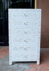 Mother Of Pearl Inlay 6 Drawer Chest White
