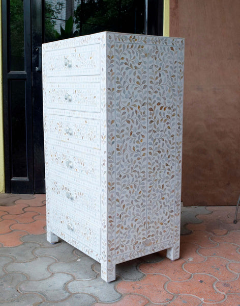 Mother Of Pearl Inlay 6 Drawer Chest White
