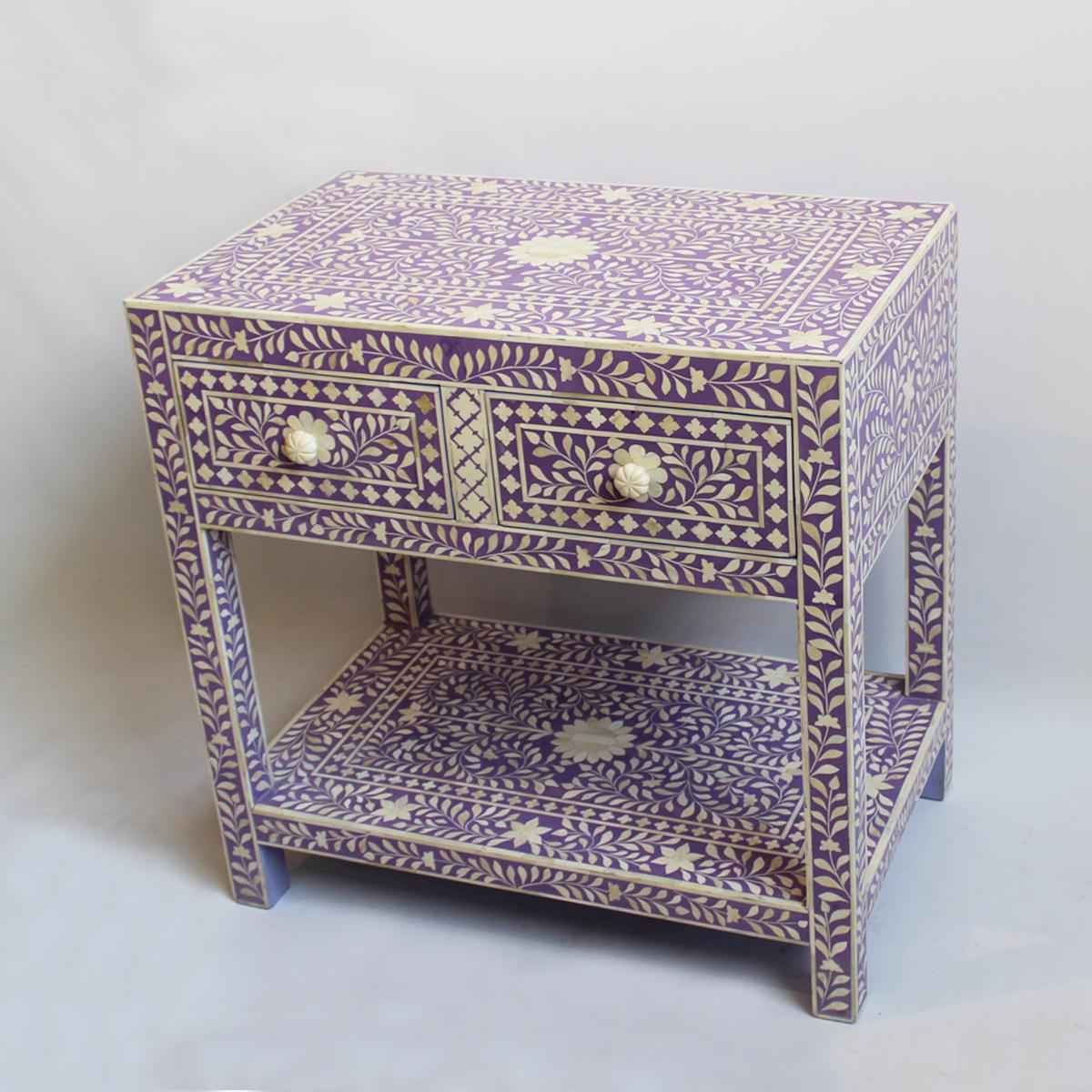 Dark Lavender Bone Inlay 2 Drawer 1 Shelf Bedside
