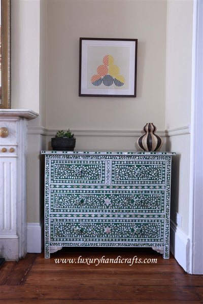Mother Of Pearl Inlay Floral Chest Of Four Drawers Green
