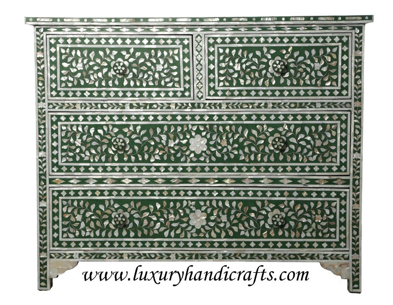 Mother Of Pearl Inlay Floral Chest Of Four Drawers Green