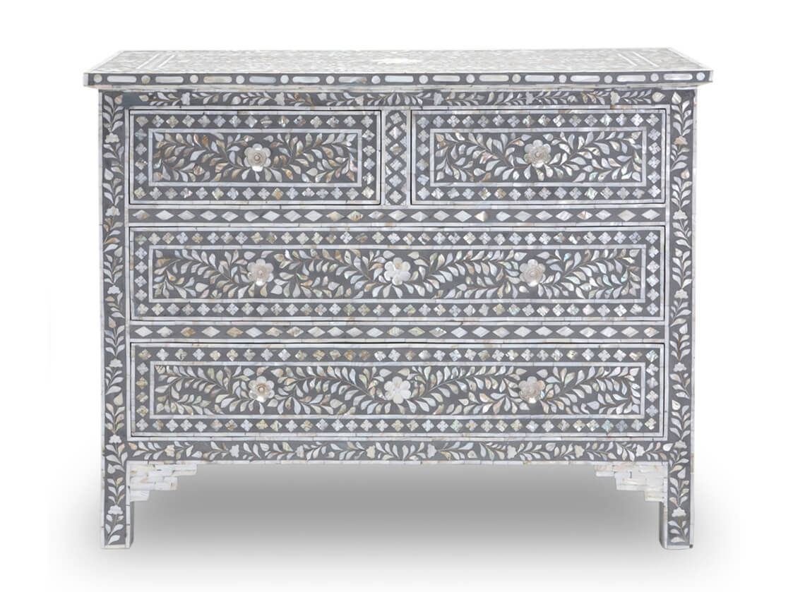Mother Of Pearl Inlay Floral Chest Of Four Drawers Grey 1