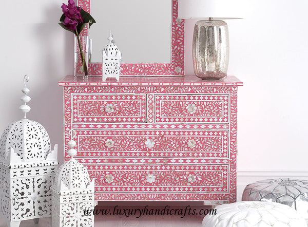 Mother Of Pearl Inlay Floral Chest Of Four Drawers Green 3