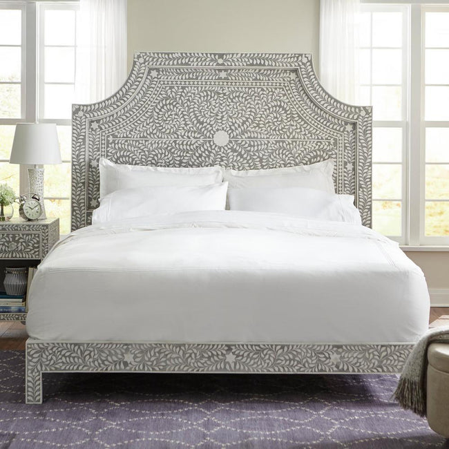 Floral Bone Inlay King Bed In Grey 1