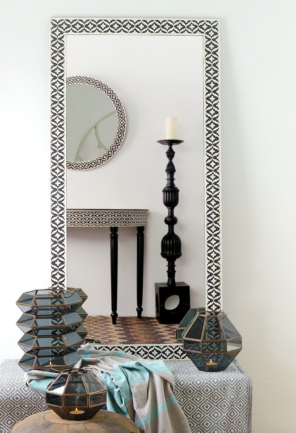 Floral Embossed Bone Full Length Mirror Black