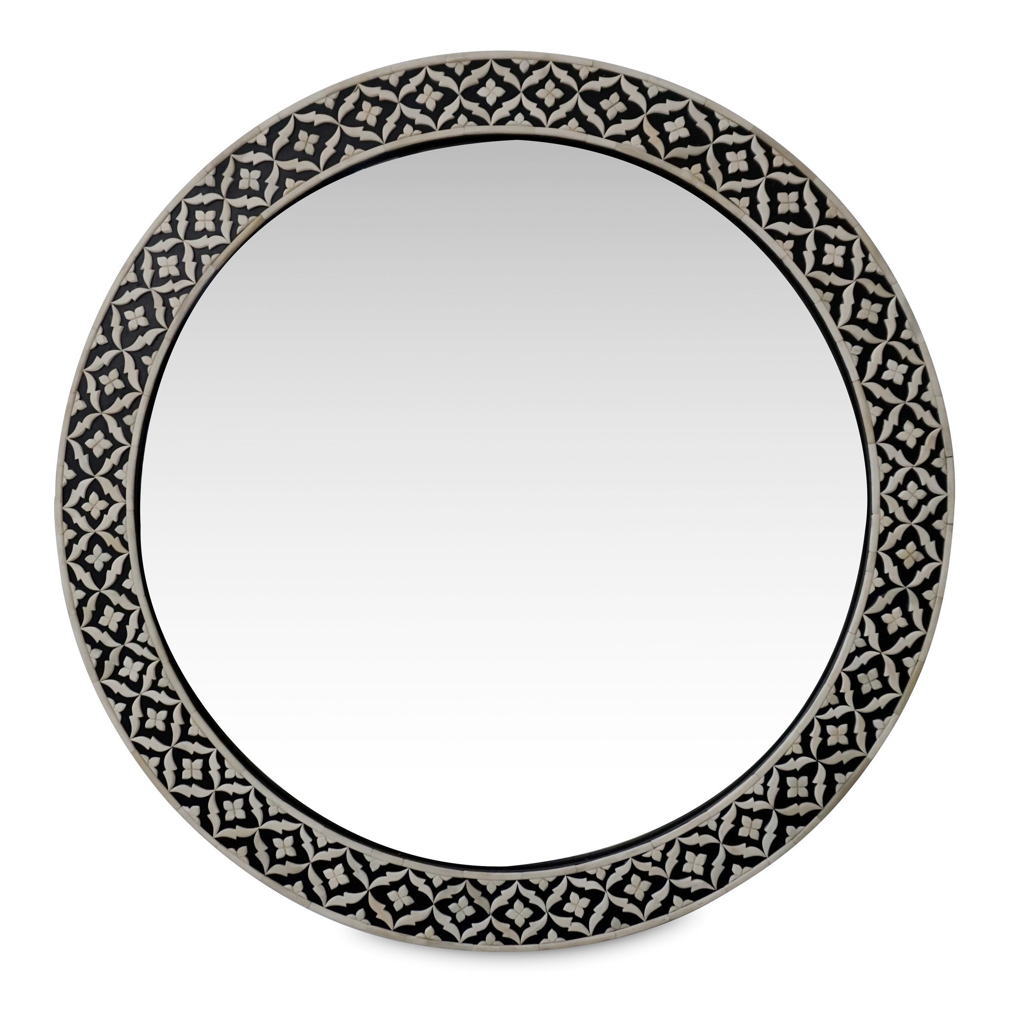 Black Floral Embossed Bone Round Mirror