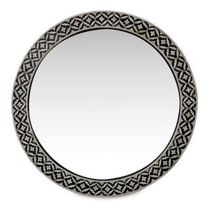 Black Floral Embossed Bone Round Mirror