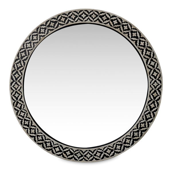 Black Floral Embossed Bone Round Mirror