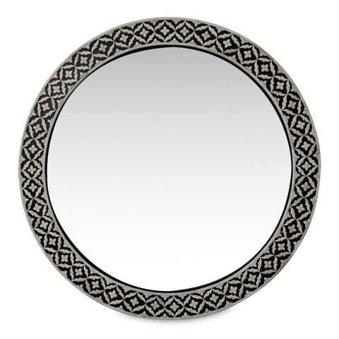 Black Floral Embossed Bone Round Mirror