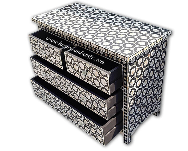 Flower Design Chest Of Four Drawer Mother Of Pearl Inlay Black 3