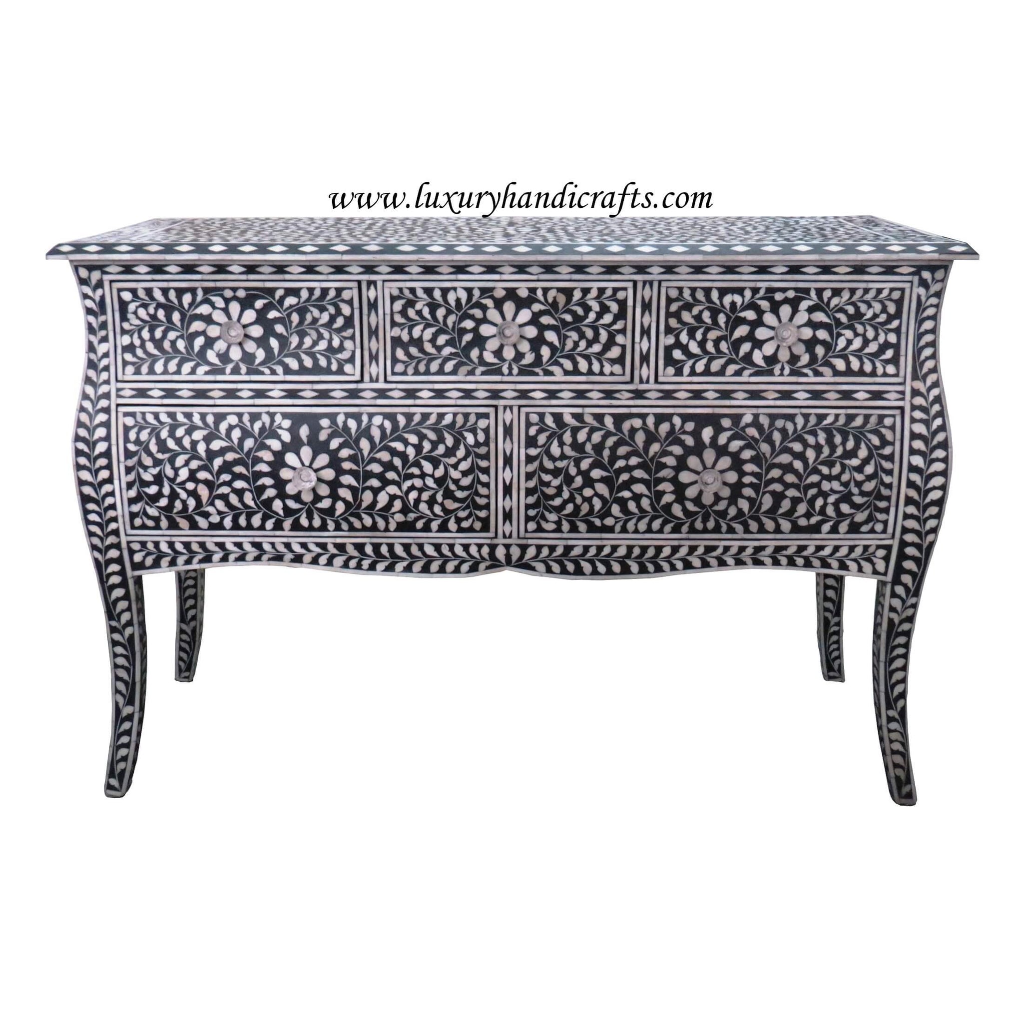 French Bone Inlay 5 Drawer Chest Black