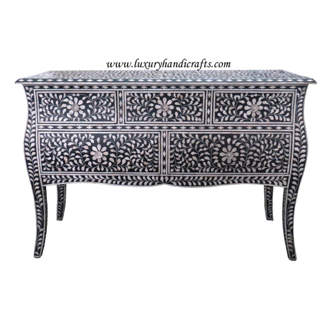 French Bone Inlay 5 Drawer Chest Black 1