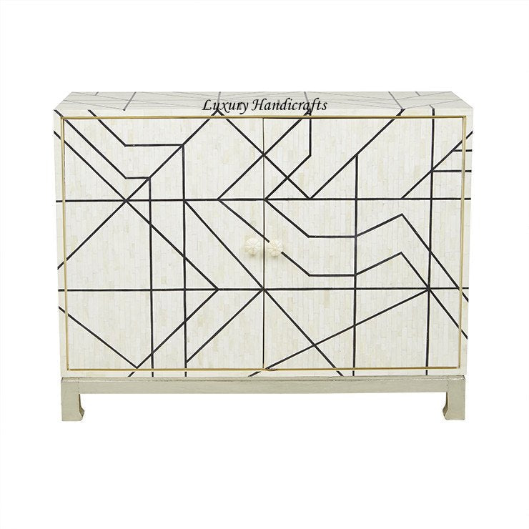 Full Bone Inlay Geometric 2 Door 2 Drawer Cabinet Metal Legs Black
