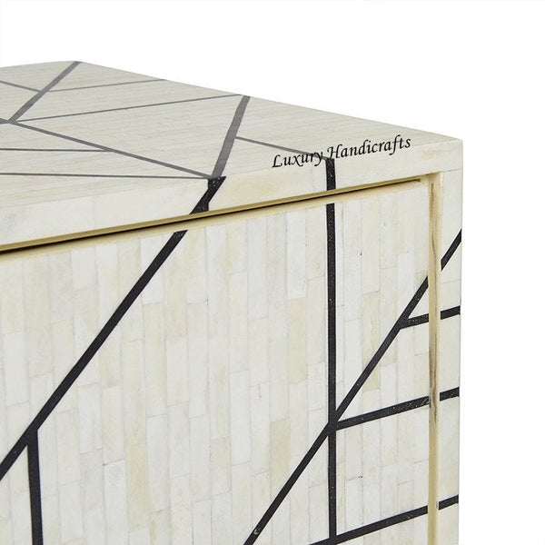 Full Bone Inlay Geometric 2 Door 2 Drawer Cabinet Metal Legs Black