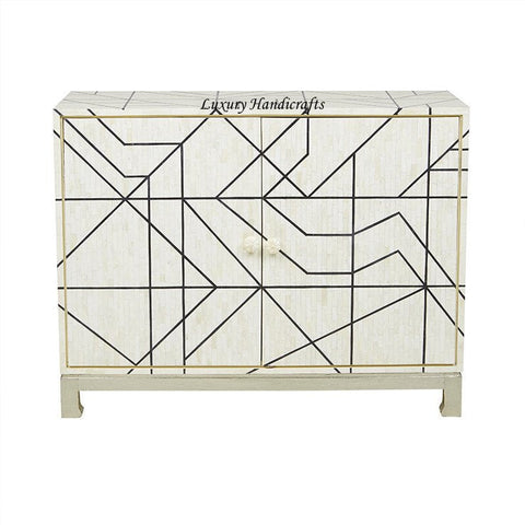 Full Bone Inlay Geometric 2 Door 2 Drawer Cabinet Metal Legs Black