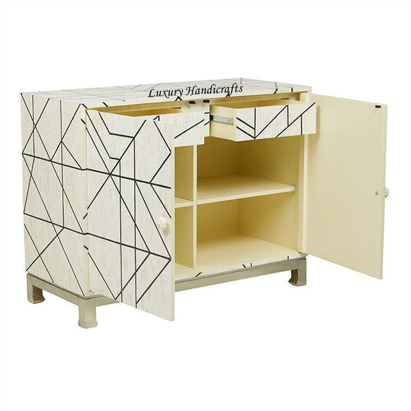 Full Bone Inlay Geometric 2 Door 2 Drawer Cabinet Metal Legs Black