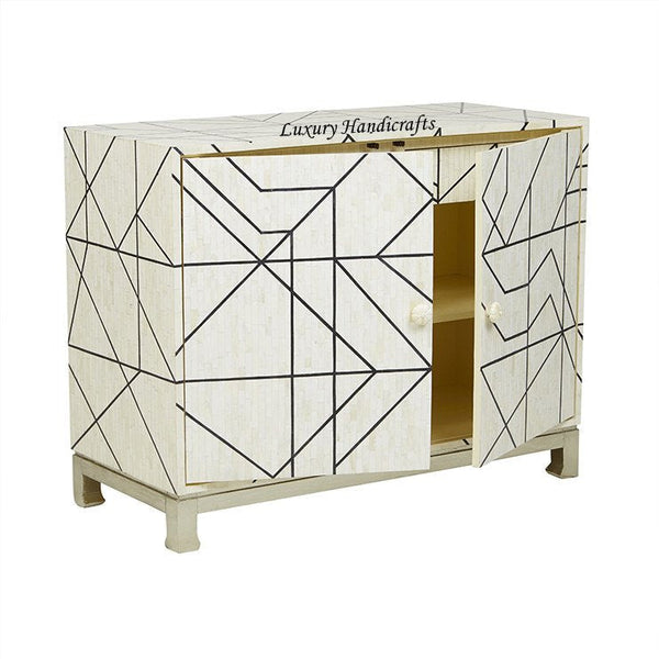 Full Bone Inlay Geometric 2 Door 2 Drawer Cabinet Metal Legs Black