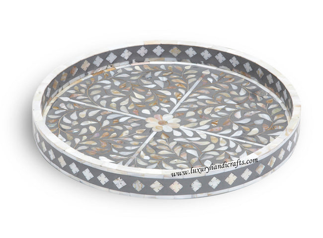 Grey Mother Of Pearl Inlay Floral Round Tray 1