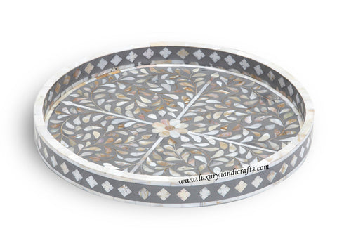 Grey Mother Of Pearl Inlay Floral Round Tray
