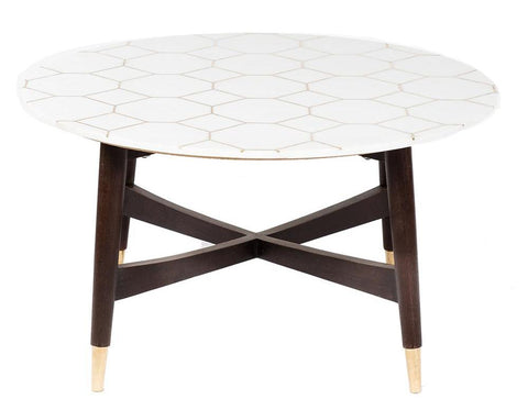 Honeycomb Brass Inlay White Marble Coffee Table