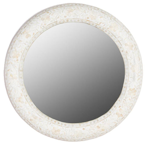 Floral Bone Inlay Round Mirror White
