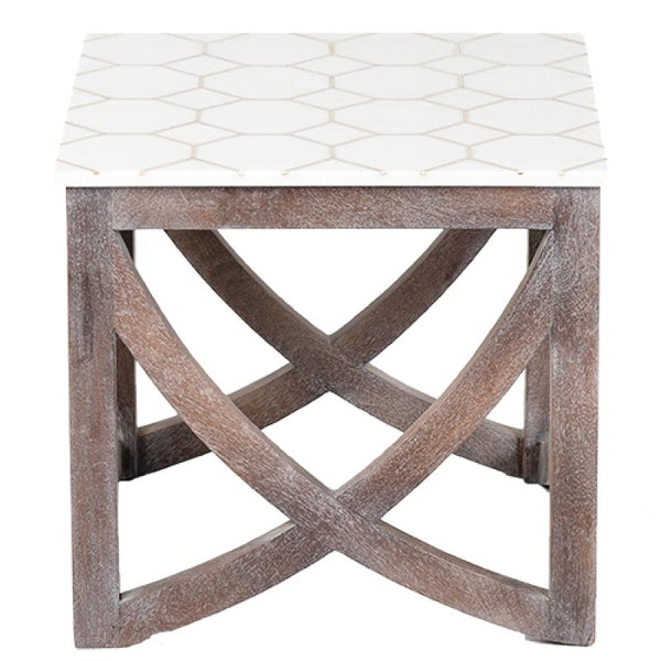 White Marble And Honeycomb Brass Inlay Side Table