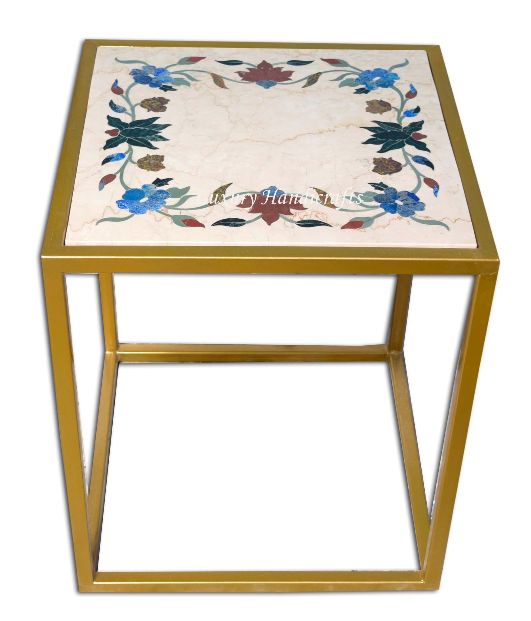 Italian Marble Side Table With Floral Gemstone Inlay