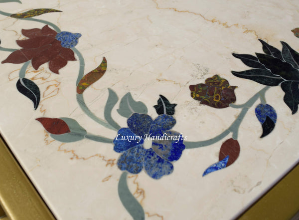 Italian Marble Side Table With Floral Gemstone Inlay