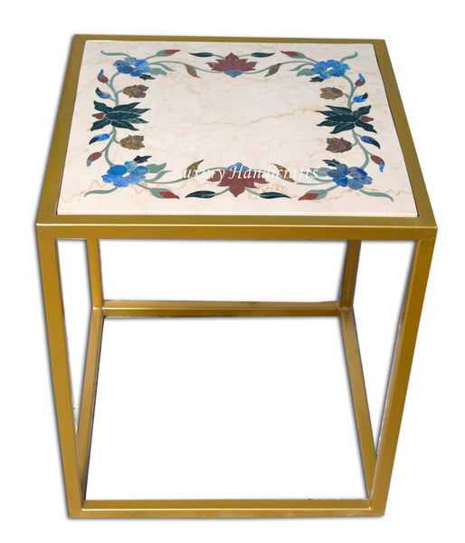 Italian Marble Side Table With Floral Gemstone Inlay